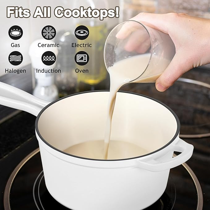 2 Quart Saucepan with Lid, Leonyo Enameled Cast Iron Sauce Pan, Heavy Duty Dutch Oven Cast Iron Pot Kitchen Cookware for All Cooktops Cooking Pasta, Milk, Soup- Up to 500°F & 6.7Lbs, White