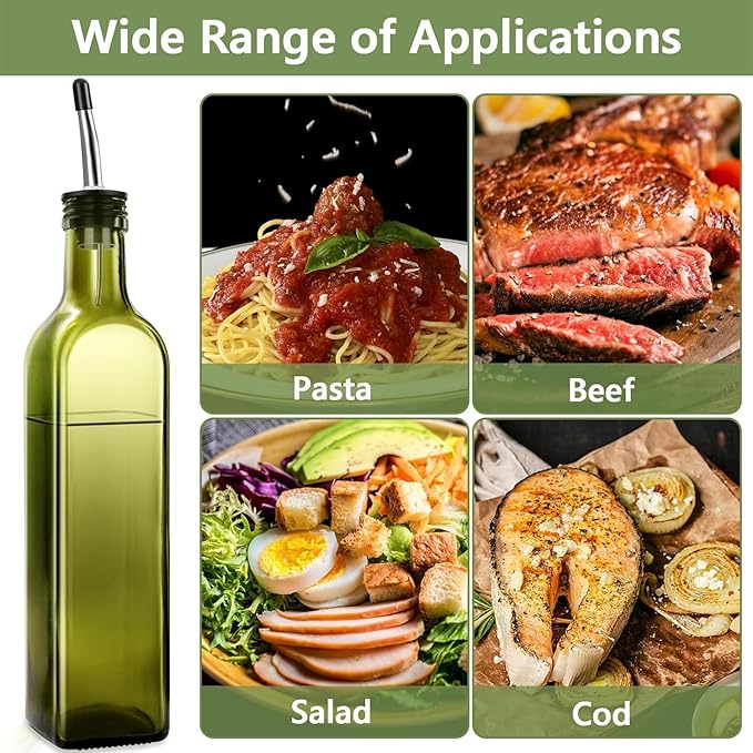 Leaflai 2 Pcs Green Glass Olive Oil Dispenser and Vinegar Dispenser Set with 2 Stainless Steel Pourers, 4 Labels, 1 Brush, 1 Funnel (500ml) for Kitchen, Cooking, Salad Dressing, Barbecue, Mixing - Image 4