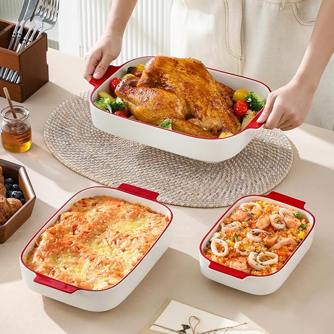 MALACASA Casserole Dishes for Oven, Ceramic Baking Dishes Set of 3, Rectangular Lasagna Pan Deep Baking Pans, Bakeware Sets with Handles Gift Set, White with Red Trim (13.8''/11.7''/9.4''), Series BAKE - Image 5