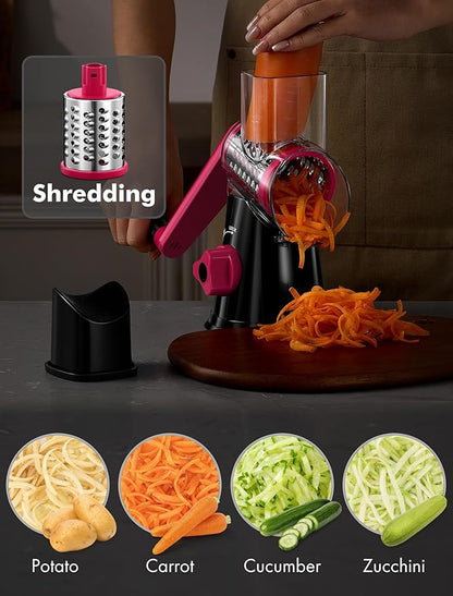 Cheese Grater Rotary, Rotary Grater for Kitchen, Kitchen Vegetable Slicer with 3 Drum Blades, Fast Cutting Cheese Shredder for Vegetables and Nuts (Black+Rosy, 3 BLADES) - Image 3