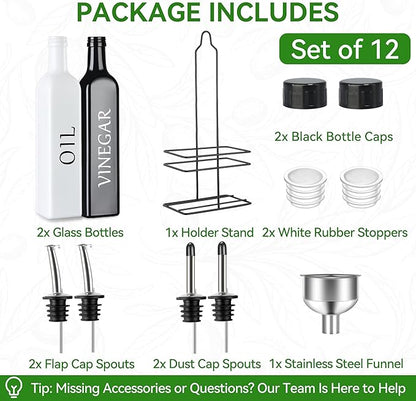 Vakoo Oil and Vinegar Dispenser Set - 17oz/500ml, Extra Thick Glass, Leak-Proof, Olive Oil Dispenser Bottle for Kitchen (White Black) - Image 2