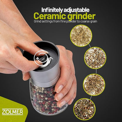 ZOLMER® Premium Stainless Steel Salt and Pepper Grinder Set | Adjustable Ceramic Mill - Small Silver Manual Grinder for Salt, Pepper, and Chili [No Spices Included]