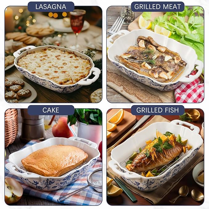 Vintage Casserole Dish 7.3 x 11.8, Ceramic Baking Dish with Oil Drip Rack, 1.26 Qt Blue and White Roasting Pan with Double Handles, Oven Safe and Durable for Baking, Lasagna, Wedding Gift - Image 5