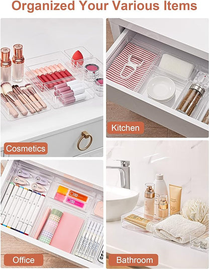 SMARTAKE 13-Piece Drawer Organizer with Non-Slip Silicone Pads, 5-Size Desk Drawer Organizer Trays Storage Tray for Makeup, Jewelries, Utensils in Bedroom Dresser, Office and Kitchen (Clear) - Image 6