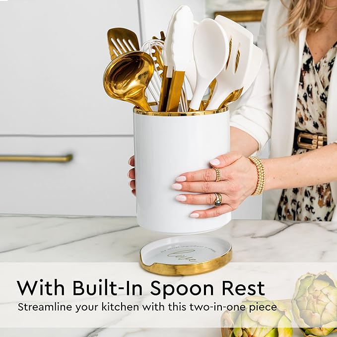 White Utensil Holder with Built-In Ceramic Spoon Rest - 2-Piece Luxe White and Gold Spatula Holder with Gold Spoon Rest for Countertop Organization - Stylish Kitchen Accessory, Utensils Not Included - Image 2