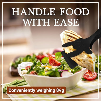 2 in 1 Flipper Spatula with tongs - Nylon Easy Grip Flip Spatula for Hash browns, Burgers, Steaks, French Toast, Omelets, Pancakes - Non-Stick Head, Ergonomic Handle (Black and Black Mickey)