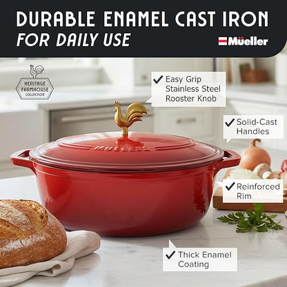 MUELLER HOME 5.5 Quart Enameled Cast Iron Oval Dutch Oven w Rooster Knob & Cotton Potholders, Heavy-Duty Cookware, Oven-Safe up to 500° F & Across All Cooktops, Gifts for Grandma & Women, Red - Image 2