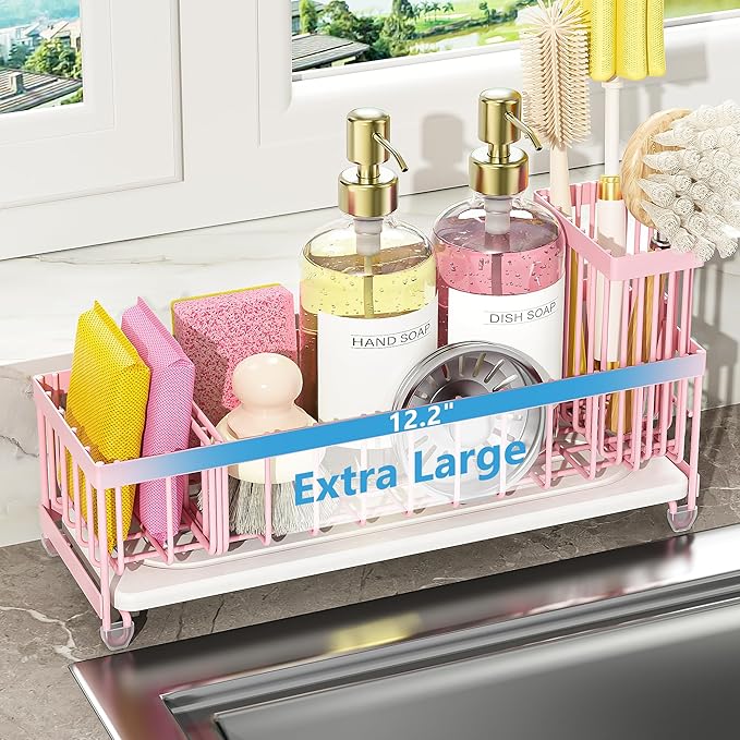 Cisily Extra Large Sink Caddy Organizer with Drying Stone, Pink Sponge Holder for Kitchen, Dish Brush Holder for Countertop, Kitchen Decor Storage and Essentials by CISILYHOMELIFE