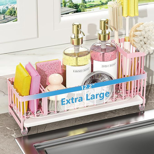 Cisily Extra Large Sink Caddy Organizer with Drying Stone, Pink Sponge Holder for Kitchen, Dish Brush Holder for Countertop, Kitchen Decor Storage and Essentials by CISILYHOMELIFE