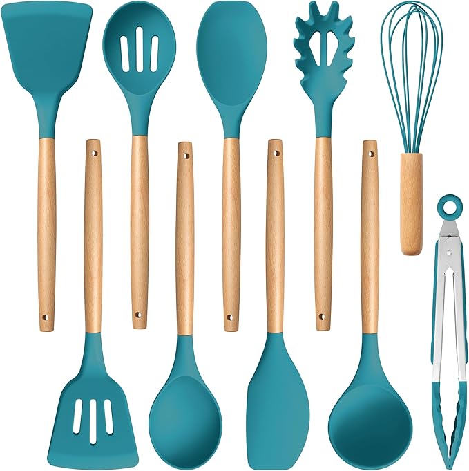 E-far Blue Silicone Cooking Utensils Set, 10-Piece Kitchen Utensils Set with Wooden Handle for Nonstick Cookware, Heat Resistant Kitchen Nonstick Tools Spatula Whisk Tongs Ladle, Non-toxic & Healthy by E-far