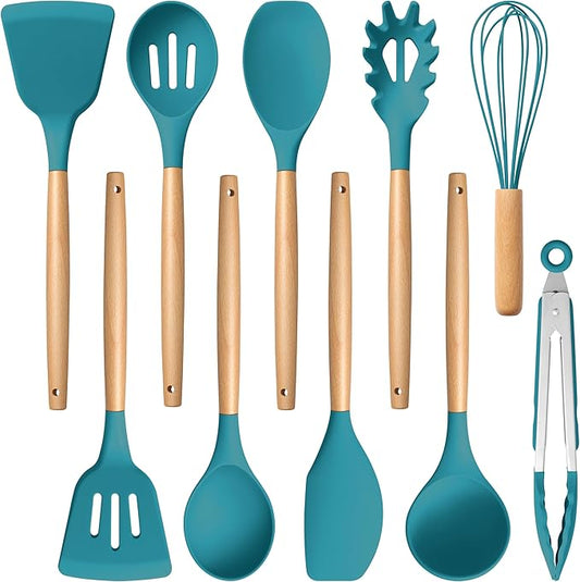 E-far Blue Silicone Cooking Utensils Set, 10-Piece Kitchen Utensils Set with Wooden Handle for Nonstick Cookware, Heat Resistant Kitchen Nonstick Tools Spatula Whisk Tongs Ladle, Non-toxic & Healthy by E-far