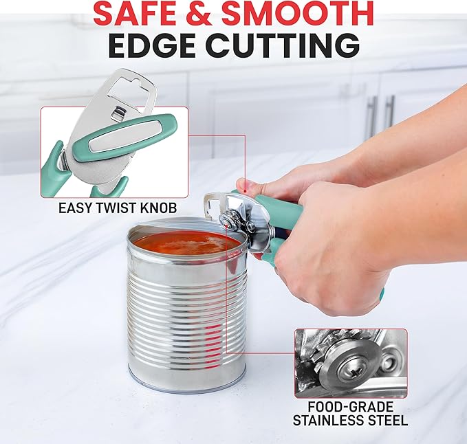Zulay Kitchen Heavy Duty Stainless Steel Manual Can Opener – Ergonomic Soft Grip Handles, Smooth Edge Cutting Wheel & Large Built In Bottle Opener – Easy Turn Knob for Effortless Use - Mint - Image 3