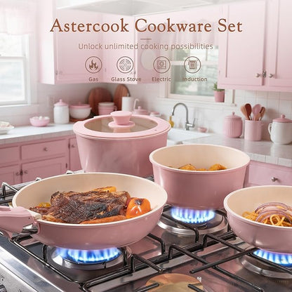 Astercook 21 Pcs Pots and Pans Set Non Stick, Ceramic Cookware Set Detachable Handle, RV Kitchen Cooking Set Removable Handles, Oven Safe, Induction Ready, Stackable, Pink, Mothers Day Gifts - Image 2
