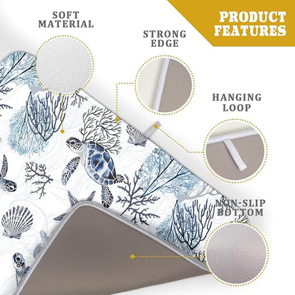 Giwawa 18"x24" Coastal Sea Turtles Dish Drying Mat Nautical Ocean Tortoise Coral Starfish Dish Drainer Mats for Kitchen Microfiber Reversible Dish Drying Rack Pad for Countertop Tabletop Decor