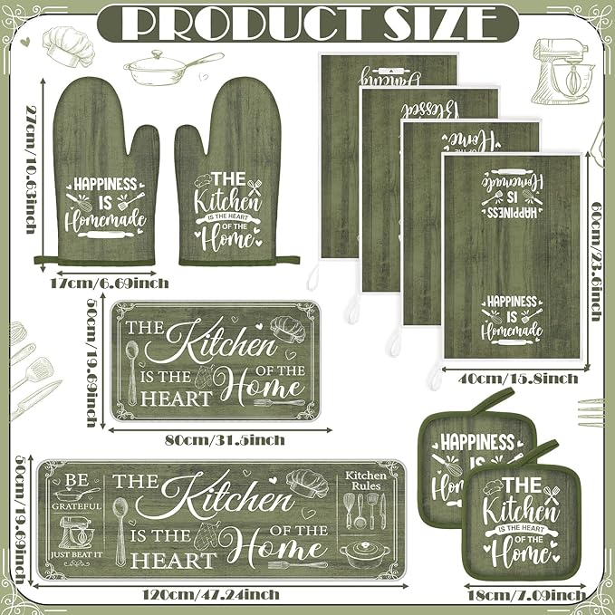 Fourluoo 10 Pcs Farmhouse Kitchen Decor and Accessories Set 4 Kitchen Towels 2 Pot Holders 2 Oven Mitts 2 Rugs for Cooking Baking Mom Housewarming Gifts(Sage Green,Classic Style) - Image 3