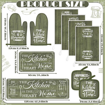 Fourluoo 10 Pcs Farmhouse Kitchen Decor and Accessories Set 4 Kitchen Towels 2 Pot Holders 2 Oven Mitts 2 Rugs for Cooking Baking Mom Housewarming Gifts(Sage Green,Classic Style) - Image 3
