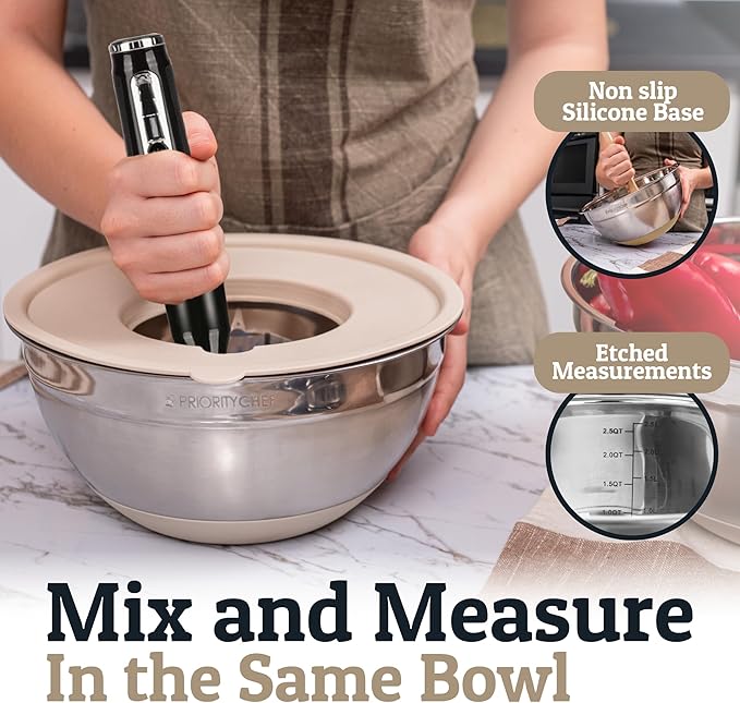 Priority Chef 6Pc Large Mixing Bowls With Lids Set with Non-Slip Bases, Stainless Steel Mixing Bowl Set, 6 Airtight Lids and 3 Graters, Khaki - Image 2