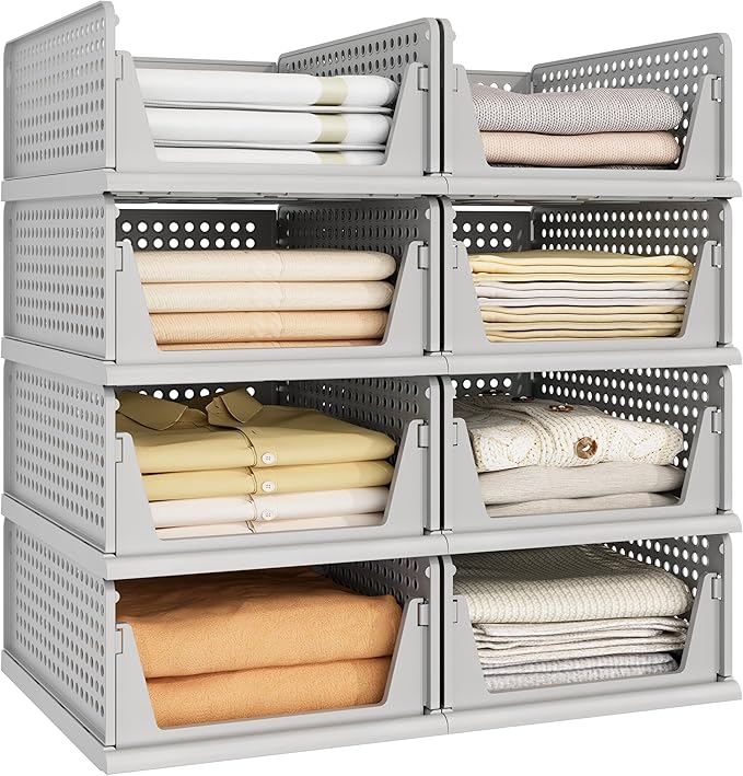 Pinkpum 8 Pack Closet Organizers and Storage Plastic Stackable Storage Bins, Foldable Drawer Shelf Storage Container for Wardrobe Kitchen Bathroom Dorm Grey by Pinkpum