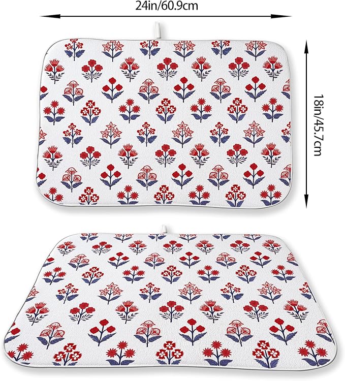 Red Blue Dish Drying Mat 18x24 Inch Vintage Boho Block Print Floral Drying Mat 4th of July Patriotic Flower Seasonal Absorbent Dish Drying Pad Dish Rack Drainer Mats for Kitchen Dining Counter