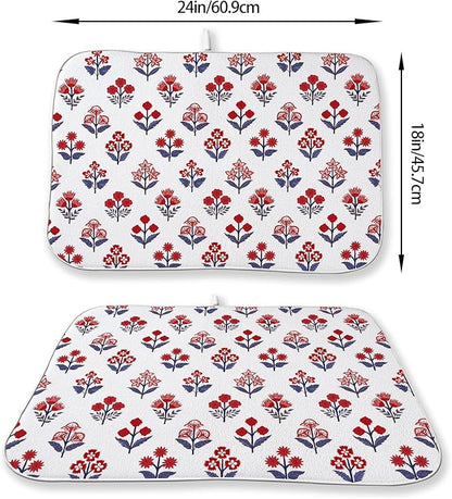Red Blue Dish Drying Mat 18x24 Inch Vintage Boho Block Print Floral Drying Mat 4th of July Patriotic Flower Seasonal Absorbent Dish Drying Pad Dish Rack Drainer Mats for Kitchen Dining Counter