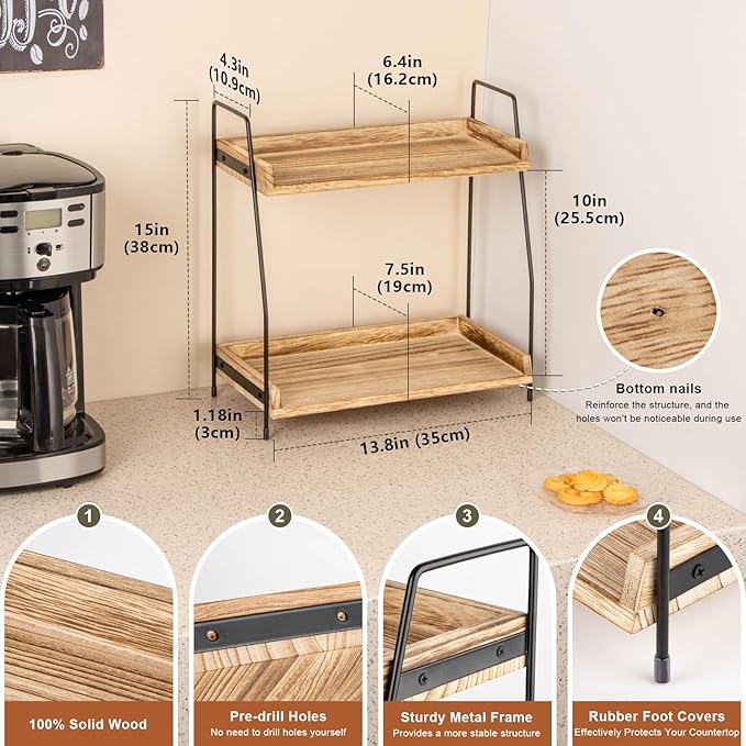 ANBOXIT Countertop Coffee Station Organizer, 2 Tier Wooden Shelf for Coffee Bar Accessories, Condiment Storage Caddy for Kitchen, Home, Office - Brown - Image 2