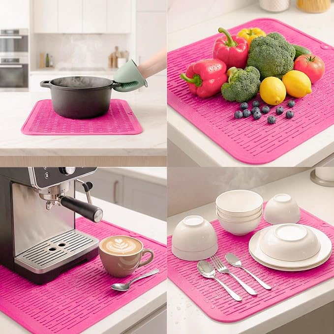 MicoYang Silicone Dish Drying Mat for Multiple Usage,Easy clean,Eco-friendly,Heat-resistant Silicone Mat for Kitchen Counter or Sink,Refrigerator or Drawer Liner Rose XL 18 inches x 16 inches - Image 4