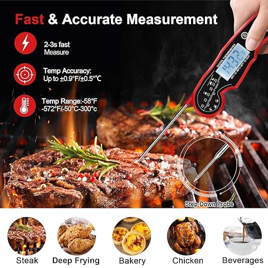Meat Thermometer Digital for Grilling and Cooking - ANDAXIN Waterproof Ultra-Fast Instant Read Food thermometers with Backlight & Calibration for Kitchen, Deep Fry, BBQ, Grill(Red/Black), LCD - Image 2