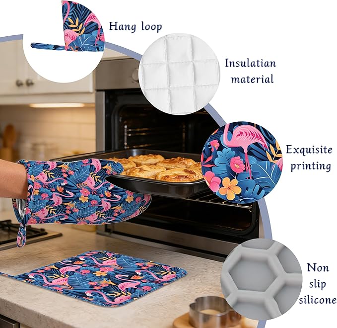Oven Mitts and Pot Holders Sets Flamingo Tropical Flower Silicone Kitchen Mits Potholders Summer Palm Leaf Heat Resistant 4Pcs Oven Gloves Hot Pads for Baking Cooking BBQ Grilling Home Decor