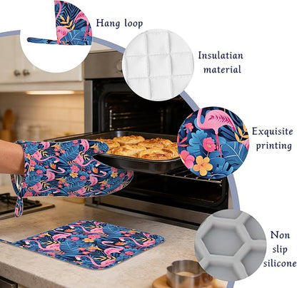 Oven Mitts and Pot Holders Sets Flamingo Tropical Flower Silicone Kitchen Mits Potholders Summer Palm Leaf Heat Resistant 4Pcs Oven Gloves Hot Pads for Baking Cooking BBQ Grilling Home Decor