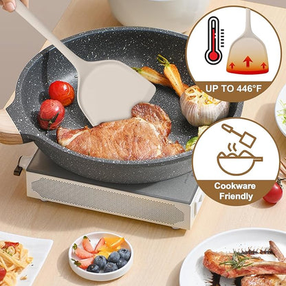 TeamFar Silicone Cooking Utensils Set, 5-Piece Heat Resistant Kitchen Utensils Set, Nonstick Slotted Solid Spoon Turner Pasta Server for Frying, Serving, Mixing, Non-Toxic & Dishwasher Safe, Khaki - Image 3