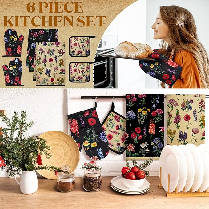 Bencailor 6 Pcs Vintage Wildflower Kitchen Towels Oven Mitts and Pot Holders Set Decorative Dish Towels Tea Washcloth Non Slip Heat Resistant Oven Gloves for Summer Home Cooking Baking, Cute Color - Image 2