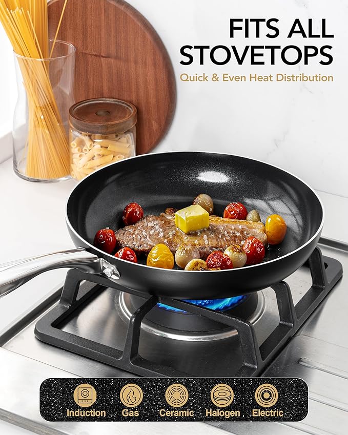 MICHELANGELO Small Frying Pan - 8 Inch Frying Pan Nonstick with Lid, Non-Toxic Ceramic Pans with Stainless Steel Handle, Nonstick Skillet, Black - Image 5