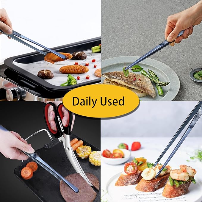 JETKONG 2 Pcs 12-Inch Cooking Tweezer Tongs Stainless Steel Kitchen Tweezers Plating Tongs (Navy Blue) - Image 5