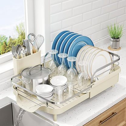 SNTD Dish Drying Rack, Expandable Dish Rack for Kitchen Counter, Stainless Steel Dish Drainer with Drainboard Set and Utensil Holder (Beige) by SNTD