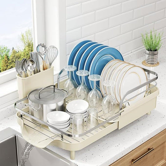 SNTD Dish Drying Rack, Expandable Dish Rack for Kitchen Counter, Stainless Steel Dish Drainer with Drainboard Set and Utensil Holder (Beige) by SNTD
