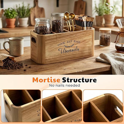 Acacia Wood Utensil Holder for Kitchen Countertop, Extra Large Wooden Utensil Organizer with Magnetic Knife Strip, 4 Compartment Farmhouse Kitchen Tool Caddy and Silverware Storage