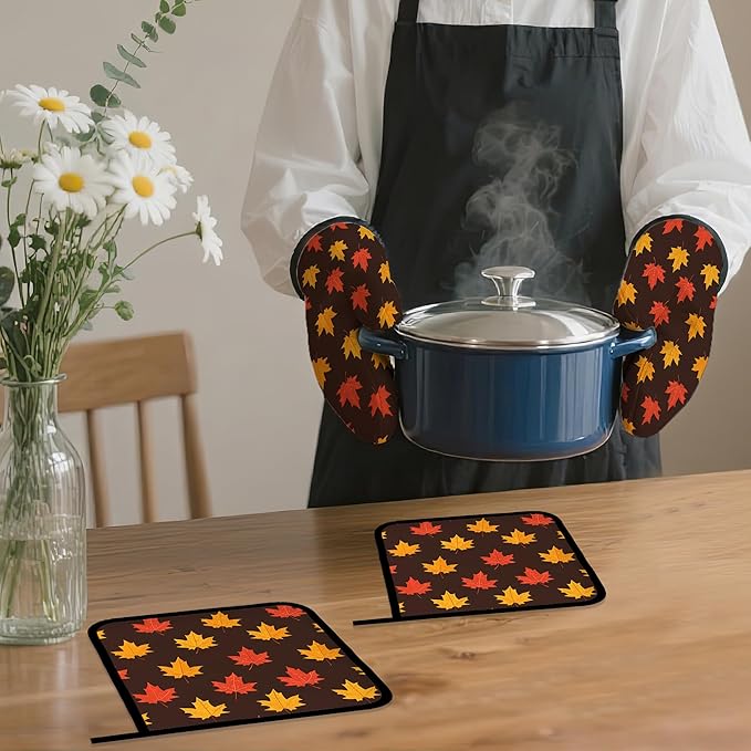 Maple Leaf Oven Mitts and Pot Holders Set,Autumn Kitchen Decor Heat Resistant Non Slip Hot Pads and Oven Mitt for Chef Cooking Baking BBQ Mom Girl Gifts(4 Piece Set)