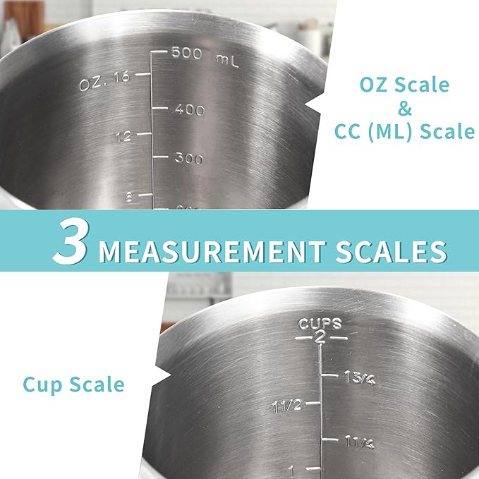 Newness 2-Pack Stainless Steel Measuring Cups Set, (3 Marking Including Cup/ML/Oz Scale) (2 & 3 Cup) Metal Measuring Cup with Handle For Prepping, Baking and Cooking, Dishwasher, Microwave Safe - Image 3