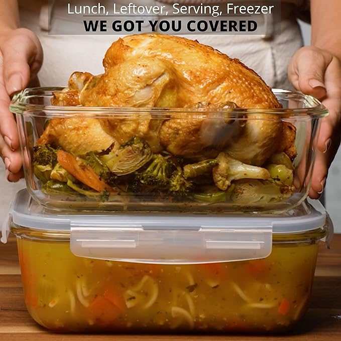 8 Cups/ 63 Oz 4 Piece (2 containers + 2 Lids) Large Glass Food Storage/ Baking Containers with Locking Lids . Ideal for Storing food, vegetables or fruits. BPA Free & Leak Proof -Microwave, Oven Safe - Image 2
