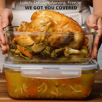 8 Cups/ 63 Oz 4 Piece (2 containers + 2 Lids) Large Glass Food Storage/ Baking Containers with Locking Lids . Ideal for Storing food, vegetables or fruits. BPA Free & Leak Proof -Microwave, Oven Safe - Image 2