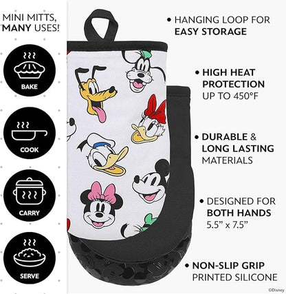 Disney Oven Mitts 2-Pack - 5.5” x 7.5” Heat-Resistant Mini Oven Mitts with Non-Slip Printed Silicone Disney Silhouettes - Pot Holders for Kitchen - Mickey & Minnie, Stitch, Winnie the Pooh
