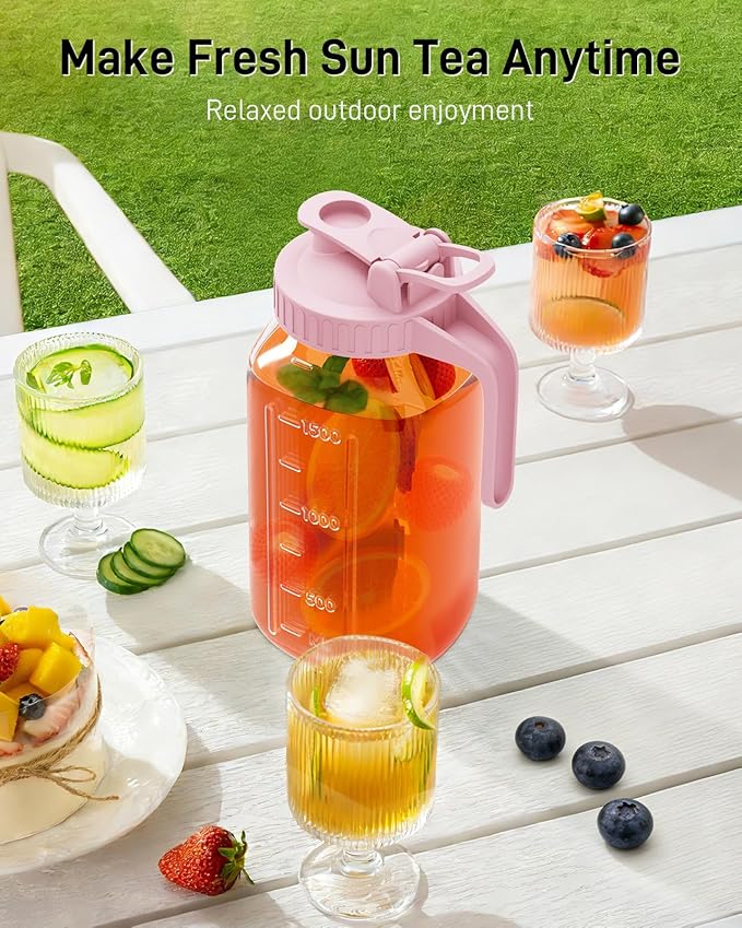 64 oz Glass Pitcher with Lid, Large Wide Mouth Mason Jar with Pour Spout, Pink Sun Tea Jar for Outside, Glass Water Pitcher Great for Drink, Cold Beverages and Breast Milk - Image 7