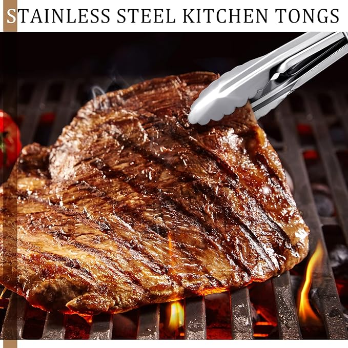 Meanplan 50 Pcs Small Stainless Steel Kitchen Tongs 7 Inch Food Serving Tongs Metal Cooking Clips High Heat Resistant Clips with Sliding Rings for Buffet Food Cooking Salad Grilling, Silver - Image 6