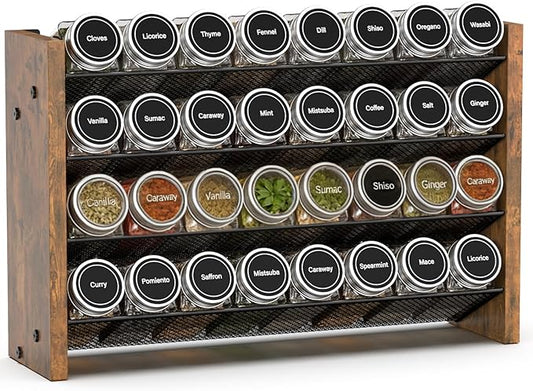 NESAPTO Spice Rack Organizer for Cabinet, Wood 4-Tier Vertical Seasoning Organizer, Wall Mount or Countertop Spice Shelf, Holds 32 Jars (No Jars Included), 15.7" W x 9.4" H