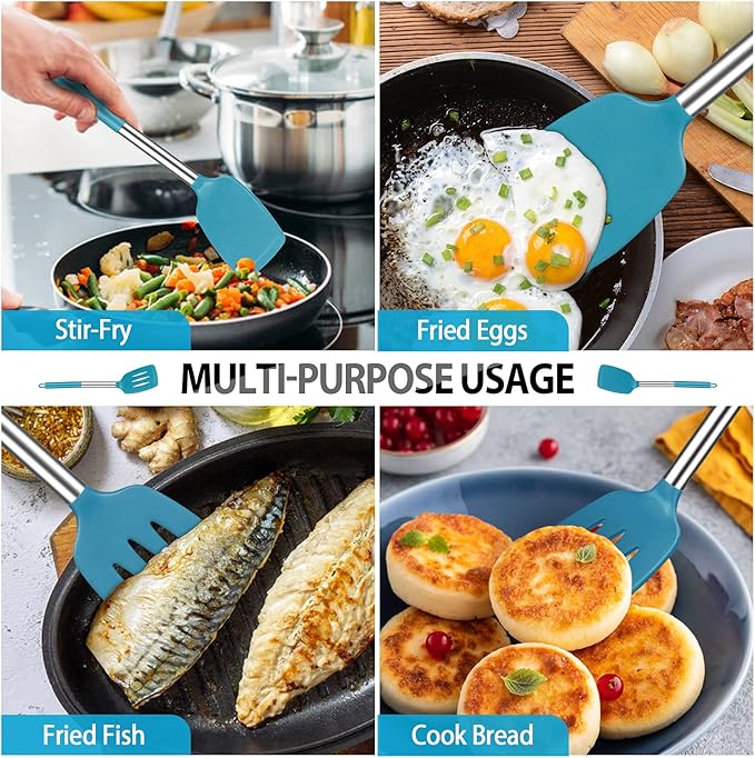 Pack of 4 Large Silicone Cooking Spatulas and Spoons, Slotted and Solid Stainless Steel Cooking Utensils Set, Non-stick Heat Resistant Kitchen for Baking, Fried, Stir-Fry, Mixing, Serving (Blue) - Image 4