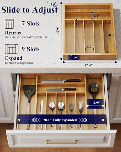 Kitsure Silverware Organizer - Expandable Bamboo Kitchen Drawer Organizer for Cooking Utensils and Cutlery, Sturdy & Thickened Kitchen Organizers and Storage Solution, XX-Large, Natural - Image 2