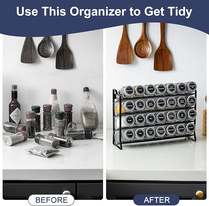 AOZITA Spice Rack Organizer with 28 Empty Spice Jars with Silver Lids, Funnel, Labels - Seasoning Organizer for Countertop, Cabinet, Kitchen, Pantry - Image 5