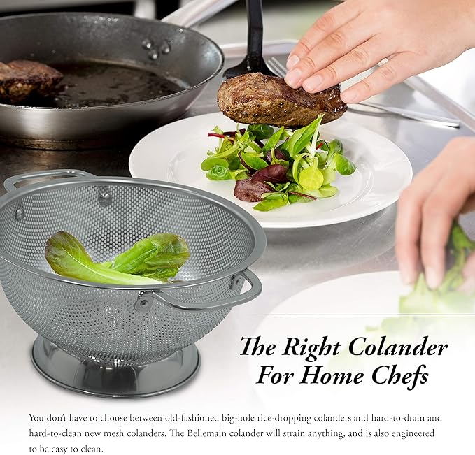 Bellemain 3 Qt Metal Colander with Handle | Pasta, Spaghetti, Berry, Fruit, Vegetable, Kitchen Food Strainer Basket | 18/8 Stainless Steel Colander Bowl | Pot Drainer for Cooking, Sifter Strainer - Image 3