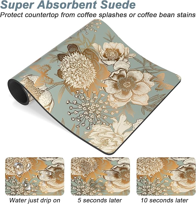 Rnivvi Coffee Mat, 12" x 19" Cute Coffee Bar Mats for Espresso Machine Station Accessories and Organizer, Hide Stain Rubber Backed Absorbent Dish Drying Pad for Kitchen Counter, Retro Flower - Image 3