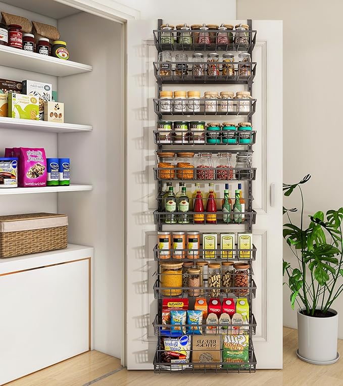 Mefirt 10-Tier Over The Door Pantry Organizer, Pantry Organization and Storage, Black Metal Hanging Adjustable Basket, Wall Spice Rack Seasoning Shelves, Home & Kitchen Essentials by Mefirt